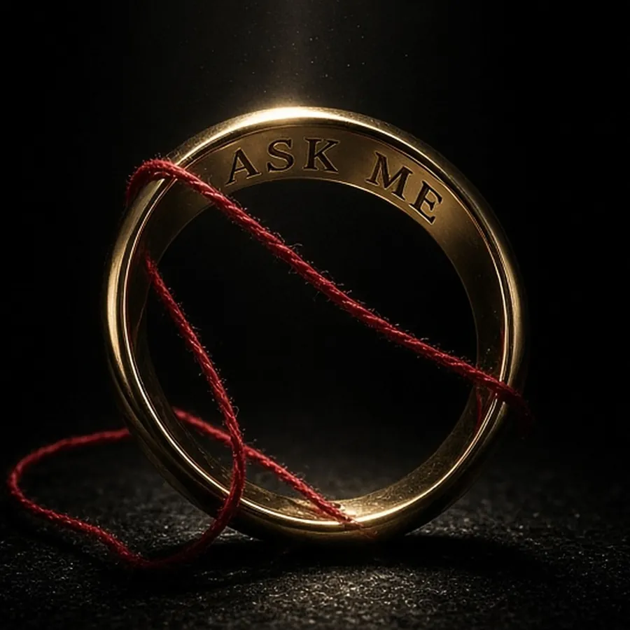 A gold ring engraved with the words ASK ME, wrapped in red thread, standing on black stone under a thin beam of light.