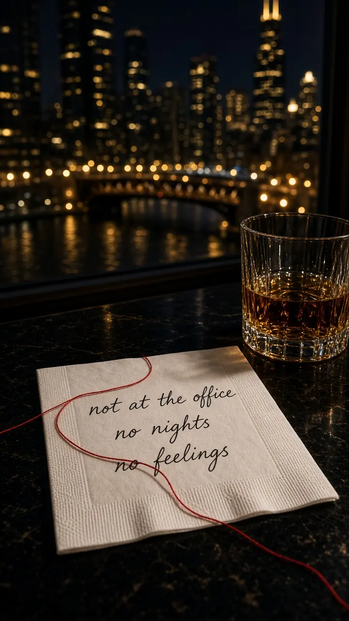 A cocktail napkin with handwritten rules – not at the office, no nights, no feelings – tied with a red thread beside a glass of whiskey above a night-time river.