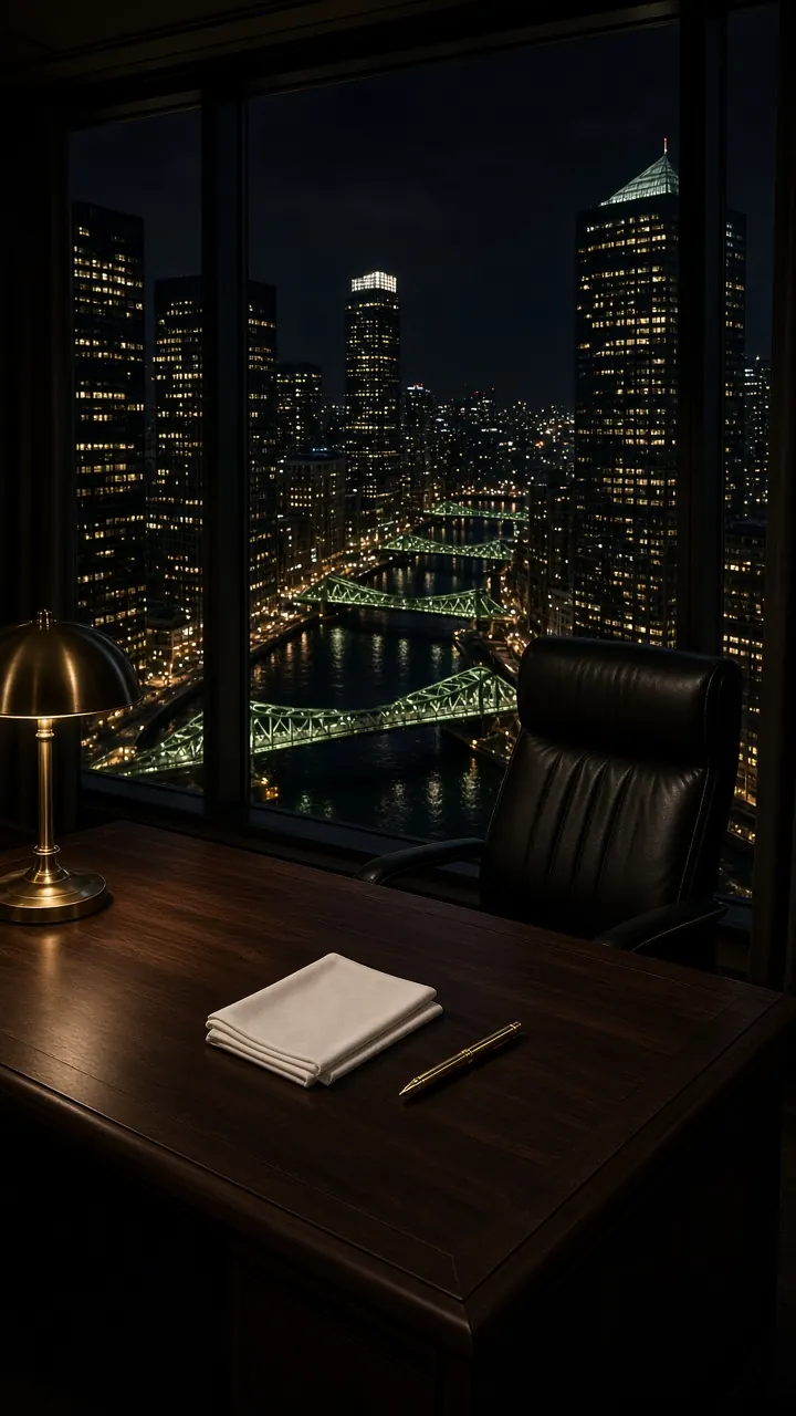 A dark corner office at night: a desk lamp, a closed notebook and a pen, the city skyline glowing in the window.