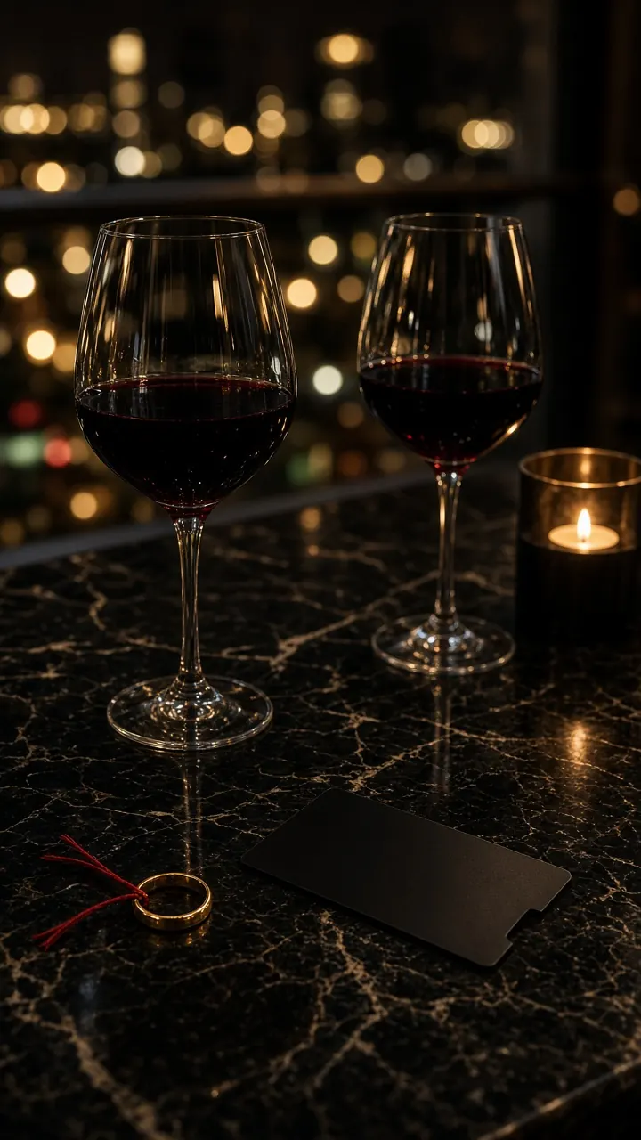 Two wine glasses on black marble beside a black card tied with a red thread, a candle burning, the city lights behind the window.